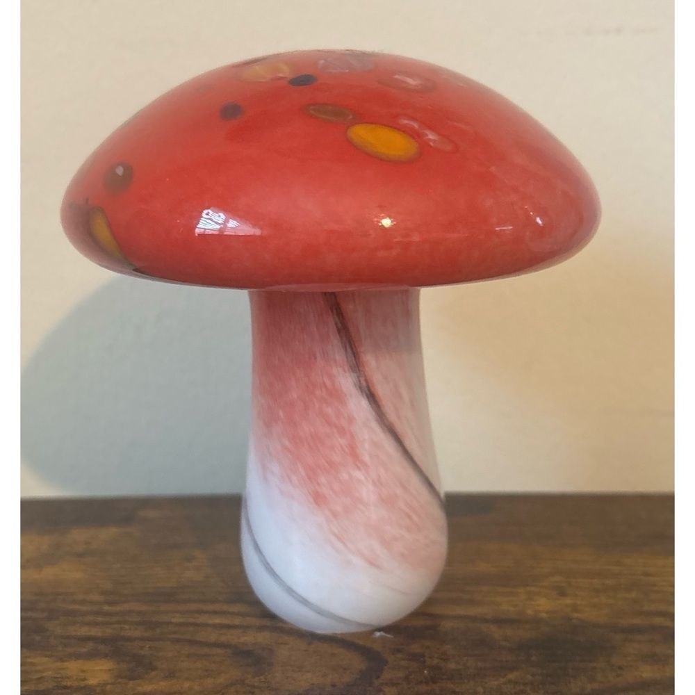 Vintage Murano Mushroom Toadstool Art Glass Paperweight Orange 1980s